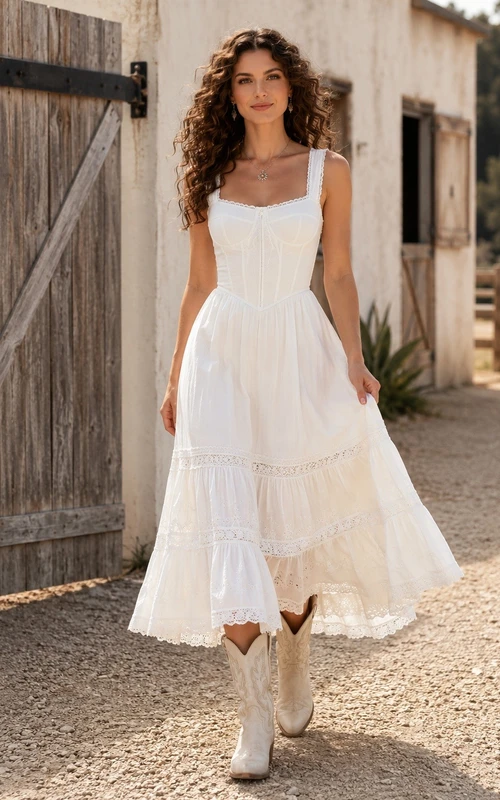 Robe de campagne blanche en mousseline à col carré sans manches et ourlet asymétrique
