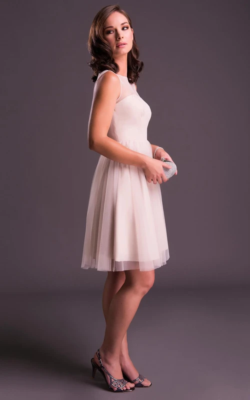 Mini-Scoop-Plissee-Tüll-Abendkleid mit Illusionseffekt