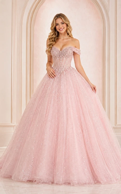 Blush Off Shoulder Sparkle Tulle Ball Gown Sweet Sixteen Prom Formal Dress