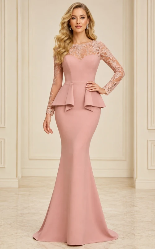Abendkleid in Altrosa mit langen Ärmeln, Schößchen und Meerjungfrauenschnitt, bodenlang, aus Spitze und Illusionseffekt