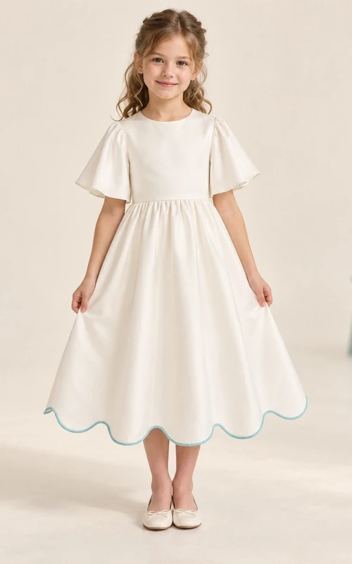 Modest Ivory Tea-length Broad Flutter Sleeve Aqua Piped Scalloped Satin Flower Girl Dress