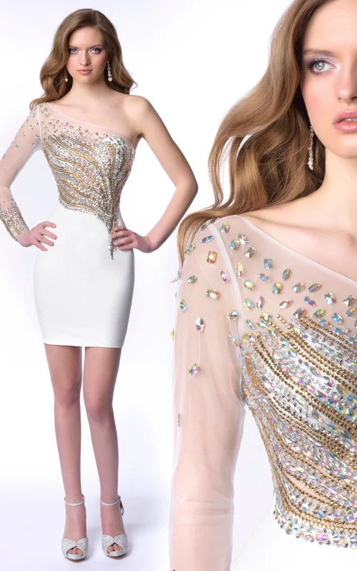 Robe de bal courte fourreau asymétrique en jersey ornée de pierres précieuses