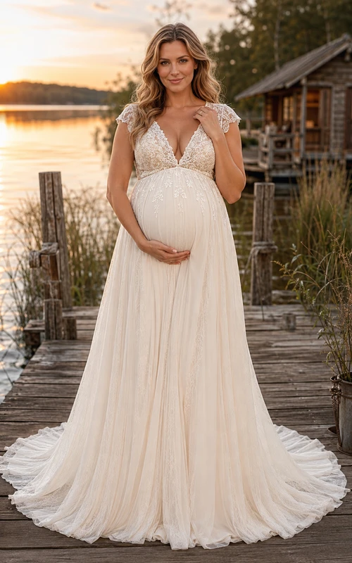 Maternity Cap Sleeve V-Neck Empire Lake Wedding Dress