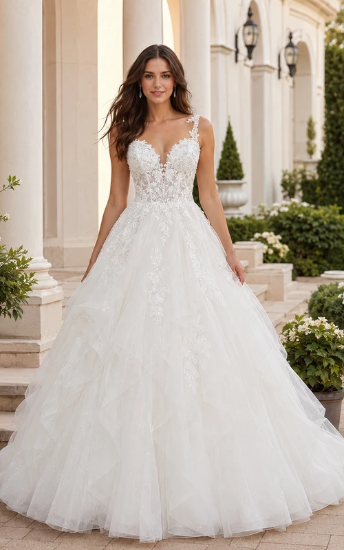 Spaghetti-Strap Sleeveless Lace Tulle Ball-Gown Floor-length Cathedral Train Romantic Bridal Gown
