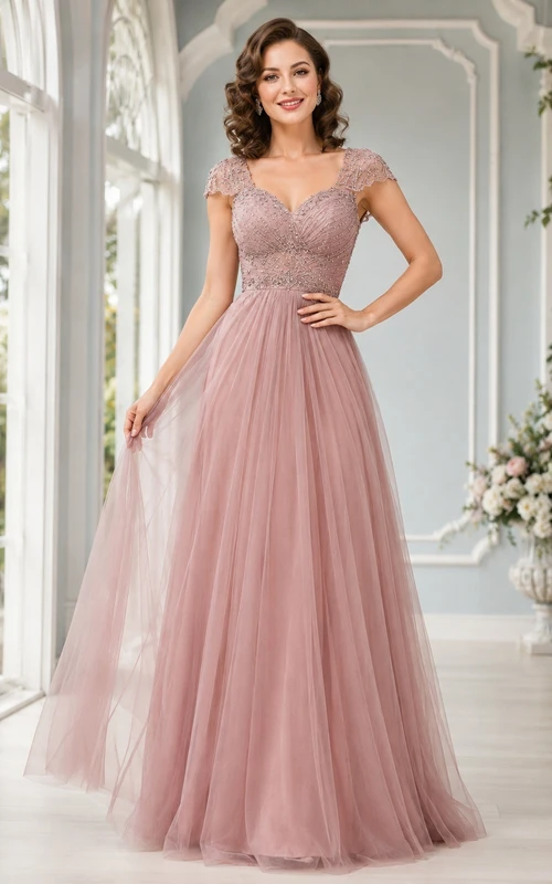 Robe de soirée longue trapèze en dentelle et tulle rose poudré vintage à manches courtes et perles.