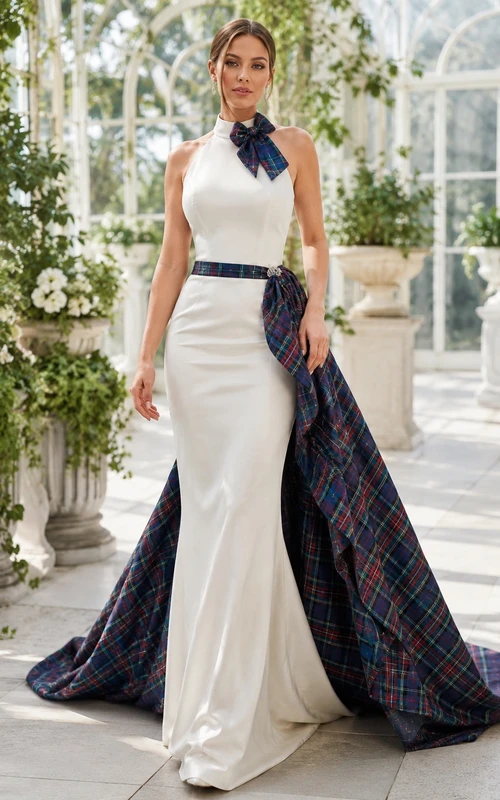 Modernes Brautkleid aus schottischem Marineblau mit Tartanmuster, Neckholder, Satin und abnehmbarem Rock