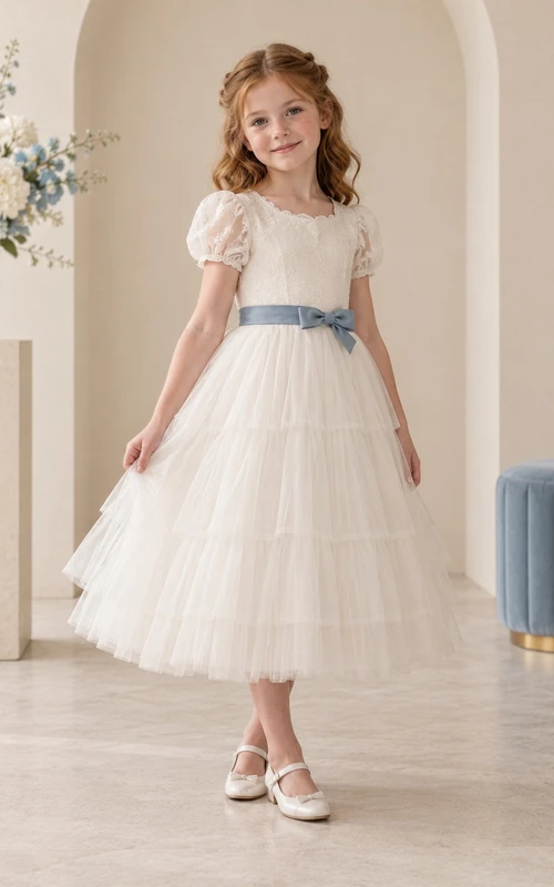 Tea-length Ivory A-line Lace Tulle Puff-sleeve Blue-sash Tiered Flower Girl Dress