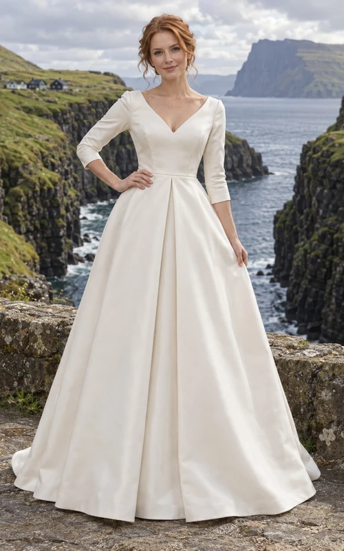 Sencillo vestido de novia de satén con escote en V, corte en A, mangas tres cuartos y pliegue central.