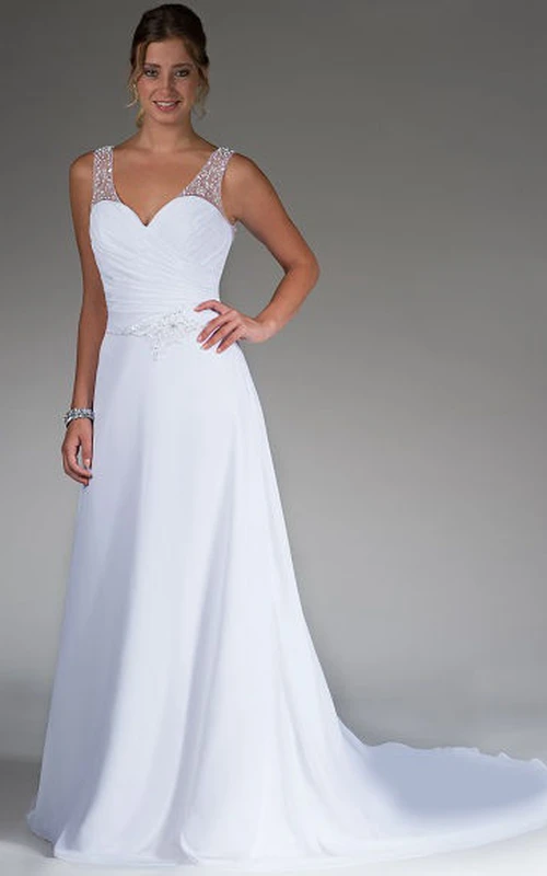 Brautkleid in A-Linie mit V-Ausschnitt, Perlenträgern und Illusionsrücken