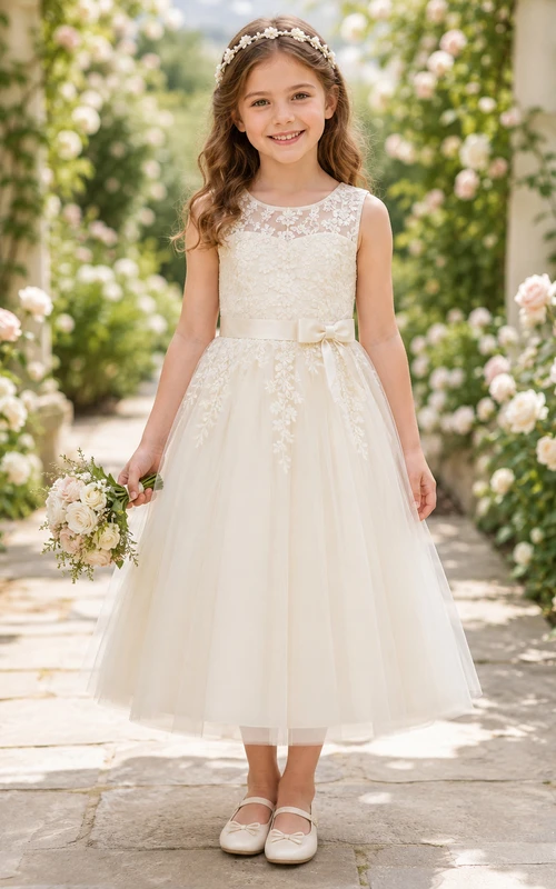 Vestido de niña de las flores color marfil, romántico, largo hasta la rodilla, corte en A, sin mangas, con encaje floral ilusión y fajín de tul.