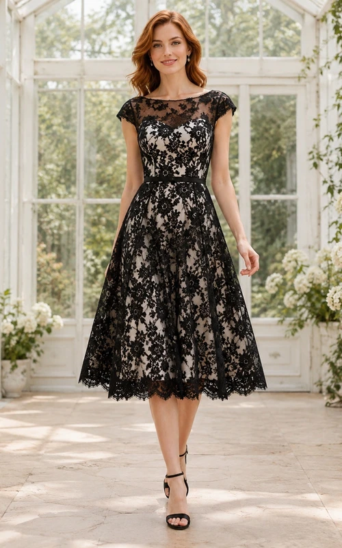 Schwarzes und weißes Vintage-Cocktailkleid mit floraler Spitze, kurzen Ärmeln und Teelänge in A-Linie