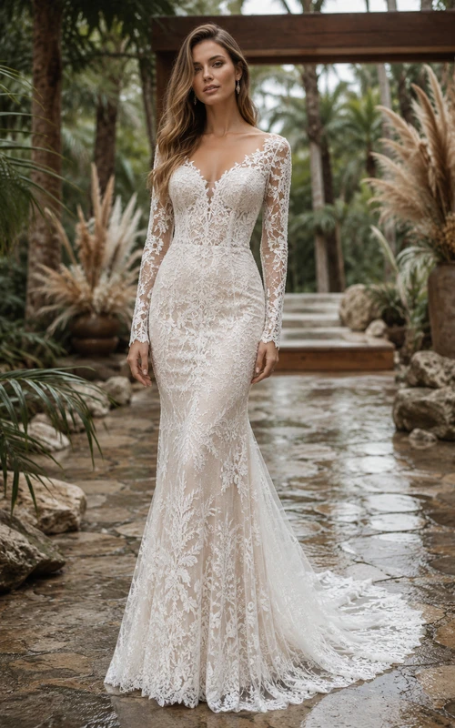 Robe de mariée sirène en dentelle à manches longues et décolleté en V plongeant, idéale pour une escapade en jungle