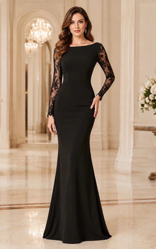 Elegante vestido de noche formal de manga larga, estilo sirena, color negro, con escote barco y encaje.