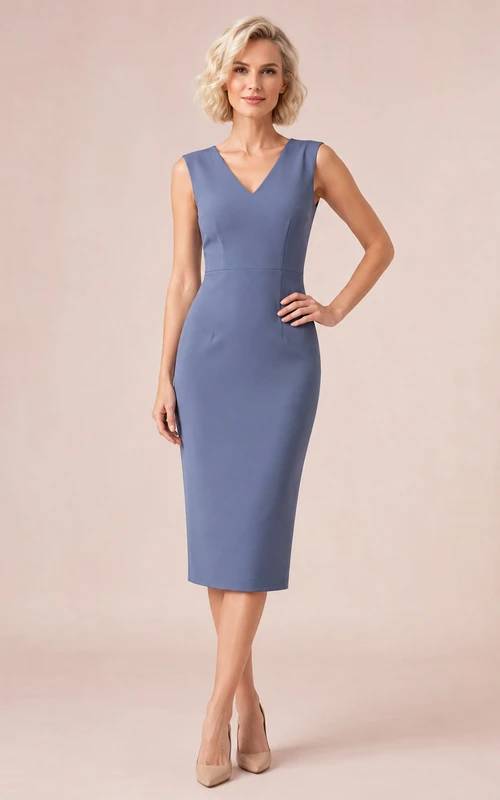 Slate Blue Sleeveless V Neck Fitted Pencil Midi Dress