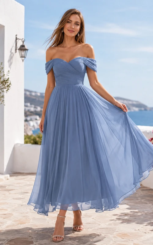 Steel Blue Tea-Length Off-Shoulder Chiffon Romantic Bridesmaid Dress Destination Celebration
