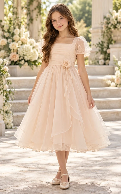 Blush Square Neck Puff Sleeve Rosette Organza Flower Girl Dress