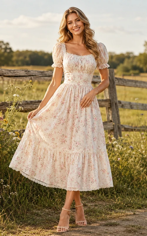 Meadow Keepsake Ivory A-Line Tea-Length Square Short-Sleeve Cotton Vintage Guest Dress
