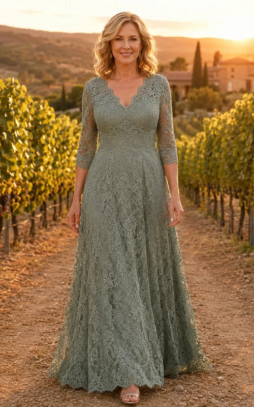 Sage long sleeve lace A line vineyard mother gown