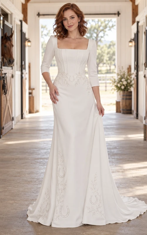 Vestido de novia de corte recto estilo western country con escote cuadrado, mangas tres cuartos y bordado de herradura.
