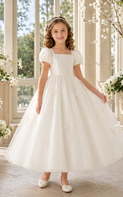 Vestido de niña de las flores, color marfil, tul, corte en A, mangas abullonadas, cuello cuadrado, largo hasta la rodilla, plisado.