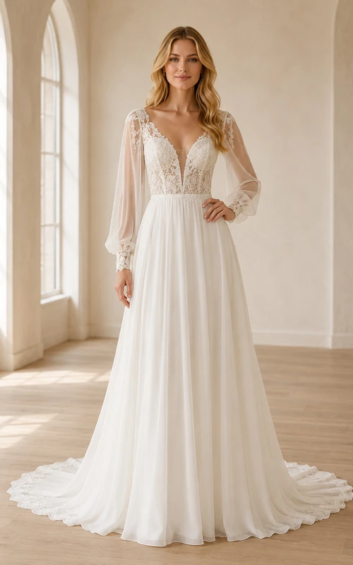 Robe de mariée trapèze en mousseline de soie, décolleté en V profond, manches poète, traîne chapelle, dentelle et décolleté chapelle