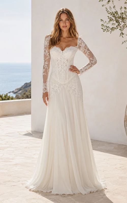 Vestido de novia bohemio de manga larga estilo tubo con cintura baja y encaje