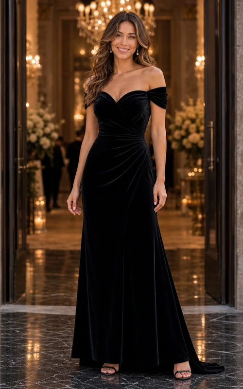 Black Off-the-shoulder Velvet Floor-length Gown