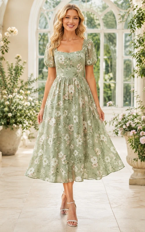 Sage Green Floral Square Neck Short Sleeve A-Line Tea-Length Garden Dress