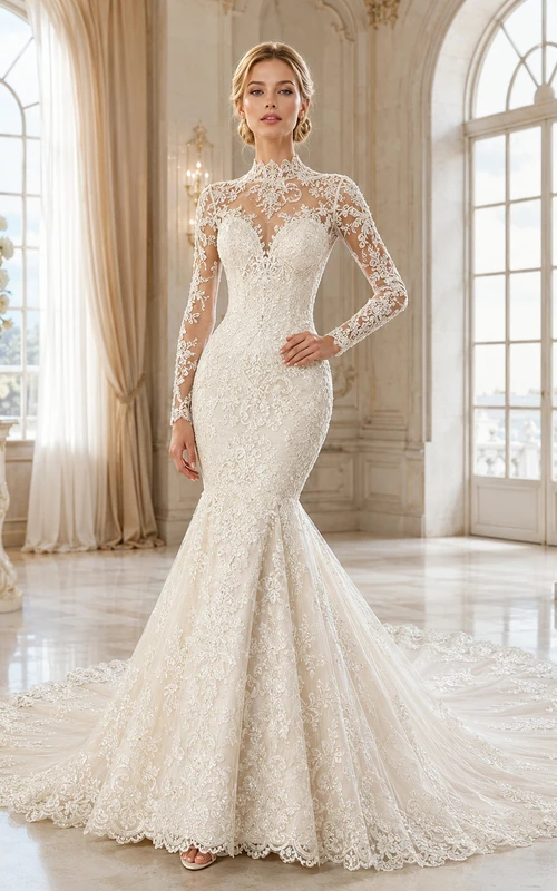 Robe de mariée sirène en dentelle à manches longues et col montant, avec boutons illusion et traîne chapelle