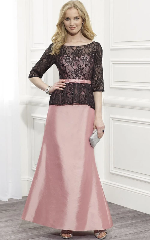 Vestido formal de satén con escote redondo, mangas cortas y encaje, con lazo y espalda en V baja.
