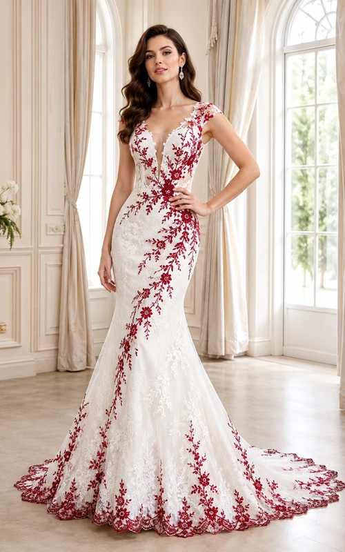 Rotes, ärmelloses, romantisches Brautkleid aus Spitze mit Meerjungfrauenschnitt, V-Ausschnitt und Schleppe