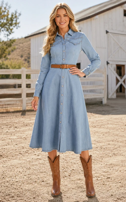 Himmelblaues Western-Hemdkleid mit Gürtel, langen Ärmeln und A-Linien-Schnitt, Midi-Länge