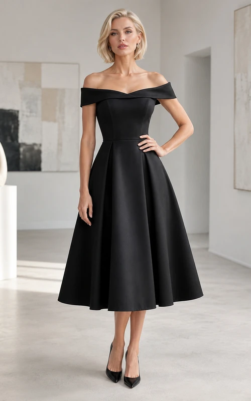 Black Salon A-Line Tea-Length Off-Shoulder Short-Sleeve Satin Vintage Guest Dress