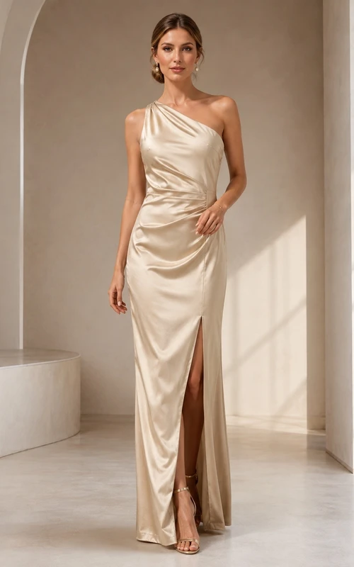 Vestido de noche largo hasta el suelo, asimétrico, sin mangas, de satén elástico color champán de Artful