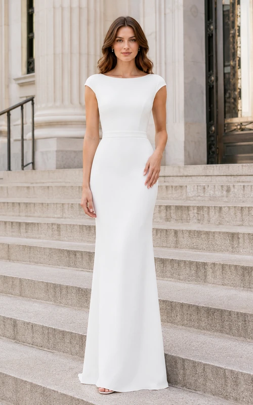 Cap Sleeve Crepe Bateau Minimalist City Hall Bridal Gown