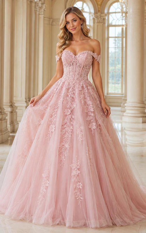 Vestido de quinceañera largo hasta el suelo, color rosa empolvado, con escote corazón, apliques de encaje, pedrería, cierre de cordones y espalda tipo corsé.