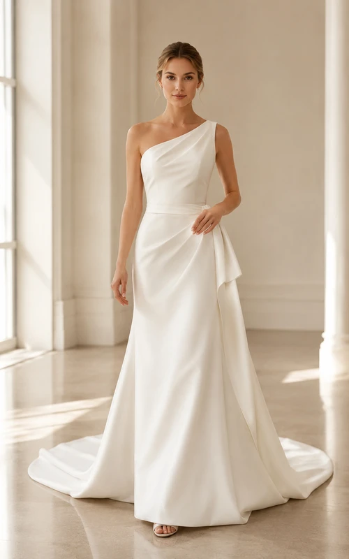 One-Shoulder Satin Sheath Wedding Dress with Side Drape
