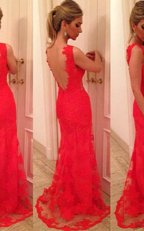 Vestido largo sin mangas con escote en V, apliques de encaje y espalda descubierta, estilo sirena.