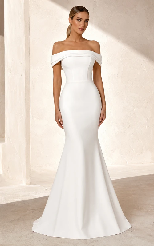 Sexy White Off-Shoulder Stretch Satin Mermaid Formal Prom Dress Red-Carpet