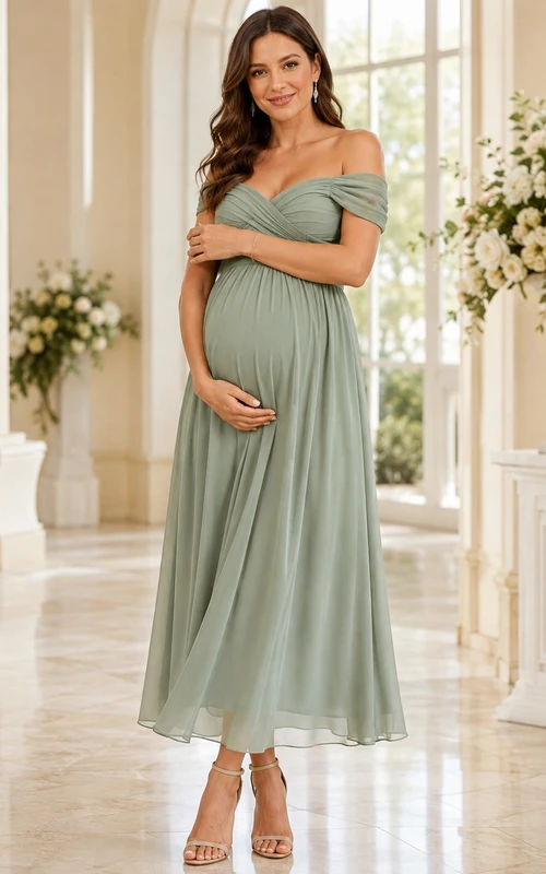 Maternity Sage Off-Shoulder Draped Chiffon Empire Tea-Length Romantic Bridesmaid Dress