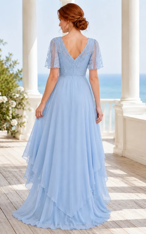 Sky Blue Chiffon V-Neck Short-Sleeve High-Low Evening Dress