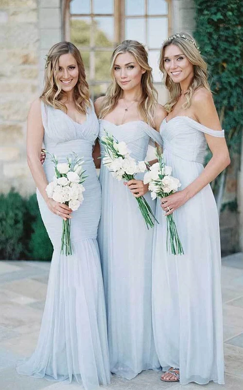 Brautjungfernkleid aus Chiffon mit gekreuzten Rüschen im Empire-Stil, salbeifarben