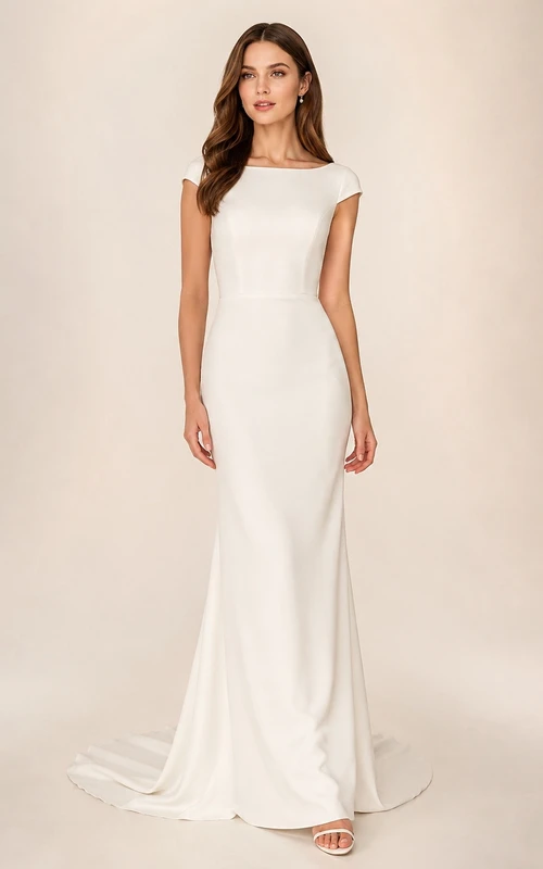 Vestido de novia sencillo y modesto, de corte recto, con mangas cortas, escote barco y cola.