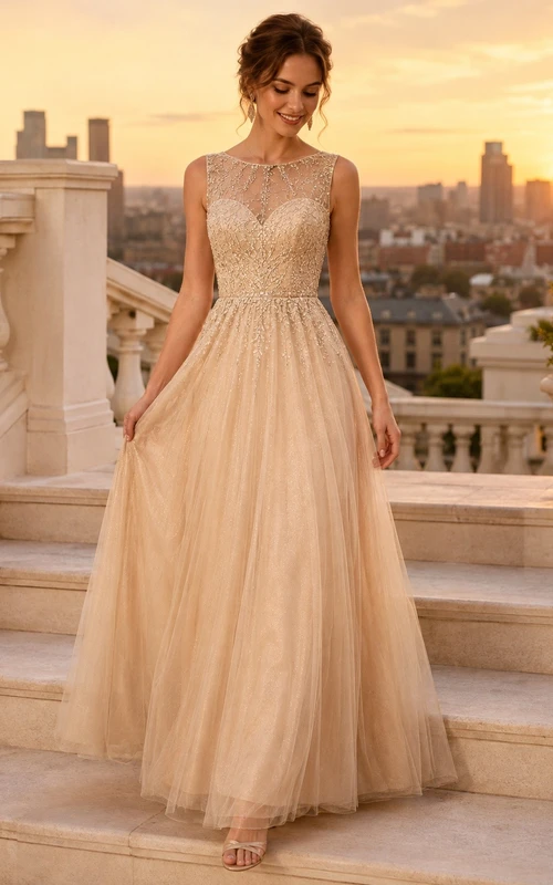 Champagne Lace V-Neck Short Sleeve Petite A-Line Gown