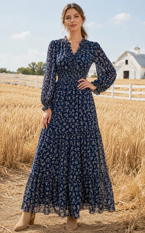 Vestido de noche campestre Champetre de color azul marino oscuro con escote en V, mangas abullonadas y volantes, de corte sencillo.