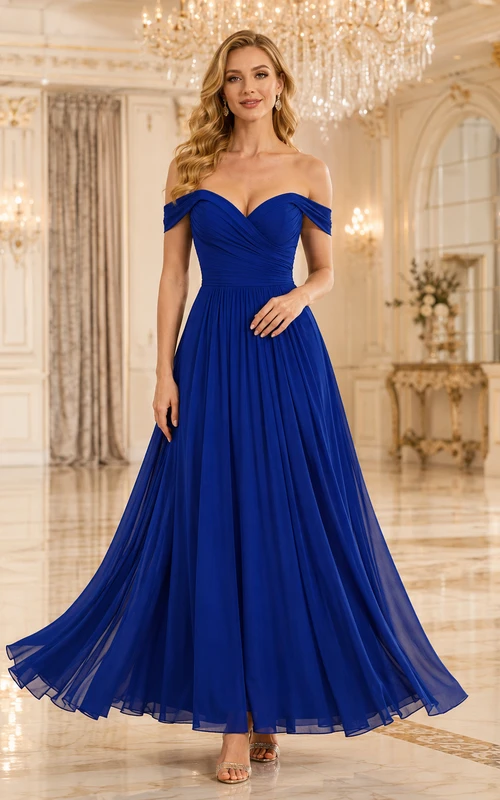 Royal Blue Off Shoulder Pleated Chiffon Gala Gown