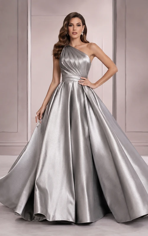 Mercury Bow Silbernes Ballkleid, bodenlang, schulterfrei, ärmellos, aus Metallic-Satin, modernes Abendkleid