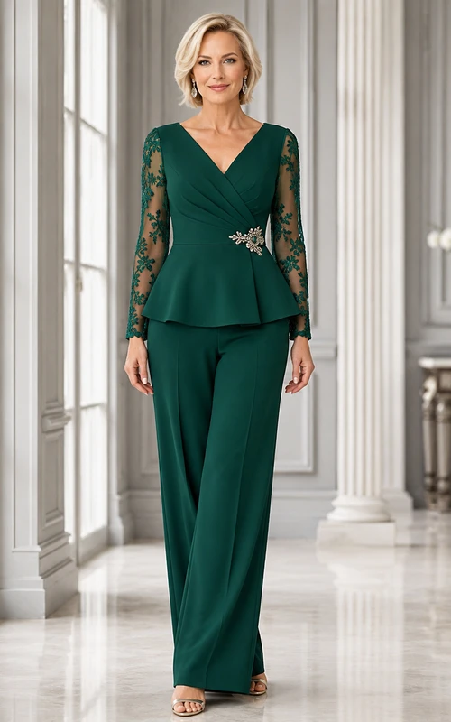 Dark Green V-Neck Illusion-Lace Sleeve Elegant Mother Wide-Leg Jumpsuit Court