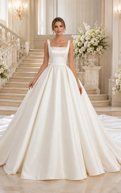 Robe de mariée princesse en satin à col carré, sans manches et traîne cathédrale, col princesse