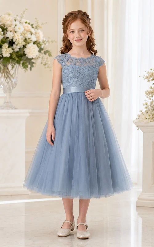 Slate Blue Jewel Neck Short Sleeve Tulle A-Line Tea-length Romantic Flowergirl Dress